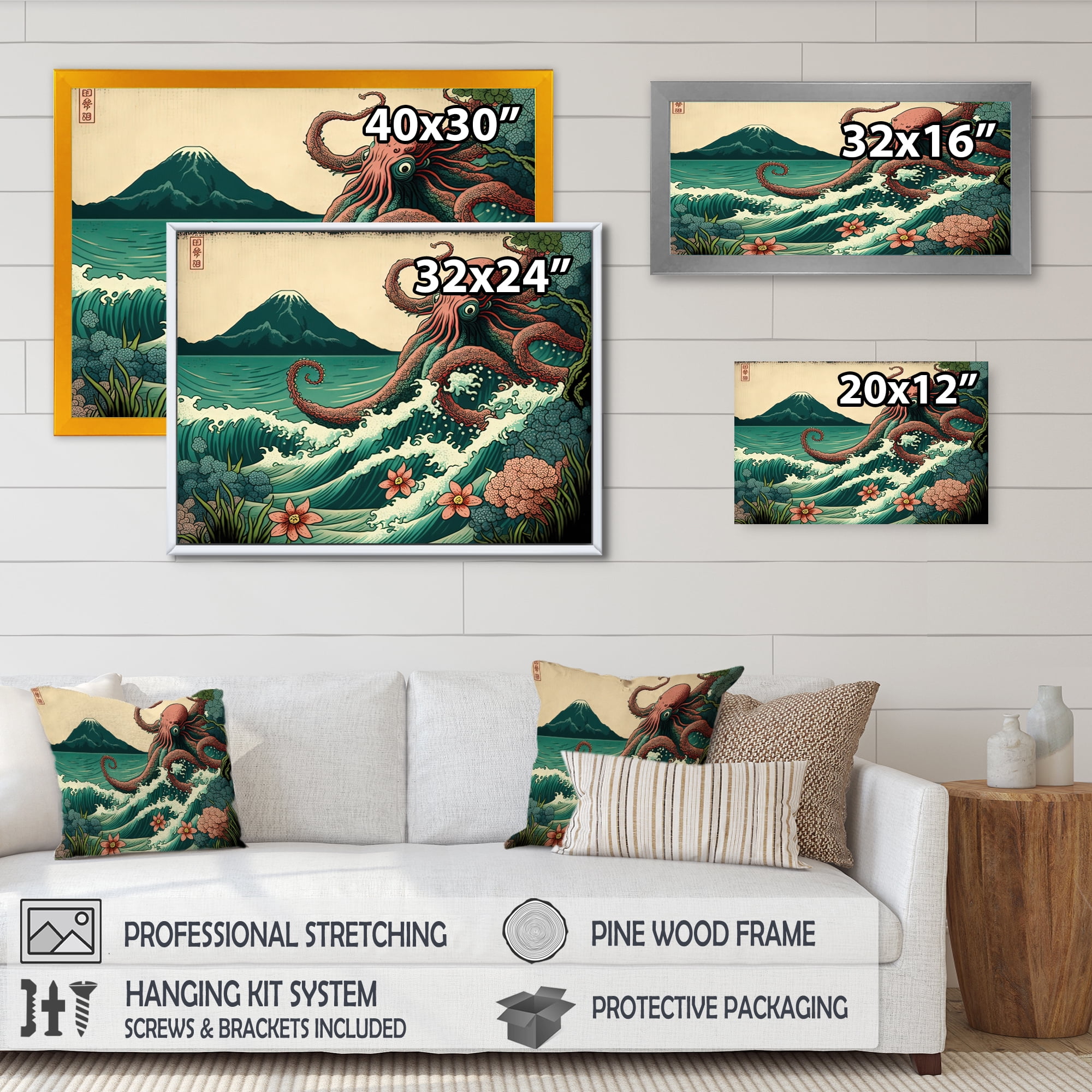 Designart Japanese Landscape With Octopus I Canvas Wall Art
