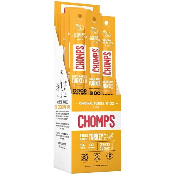 Chomps Palitos de Snacks de Carne Seca de Pavo Original Free Range, Ceto, Paleo, Aprobado por Whole30, Bajo en Carbohidratos, Alto en Proteínas, sin Azúcar, sin Gluten, 24 Uds 1.15 Oz