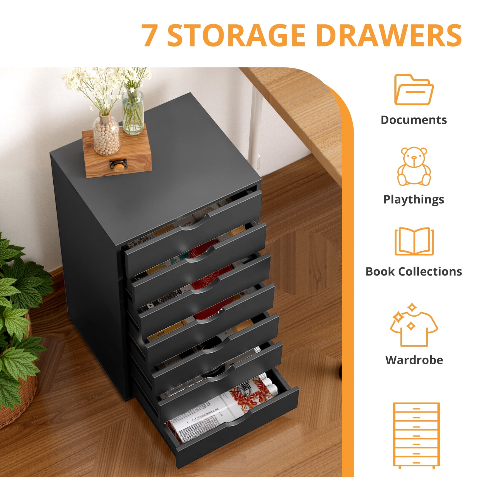 Sybels 7-Drawer Rolling Storage Cart, Mobile File Cabinet & Organizer Dresser with Wheels for Home Office, Wood Chest, Black