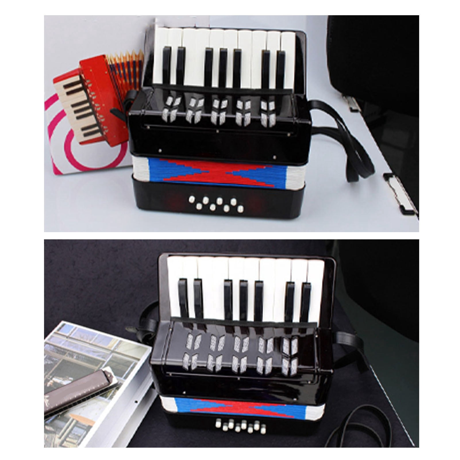 Piano Accordion 9.1 X 9.1 X 3.9 Inches Entry Level Piano Accordion ABS Plastic With Retractable Leather Strap 17 Keys 8 Bass Keys Entry Level Accordion Portable Accordion For Kids Beginners
