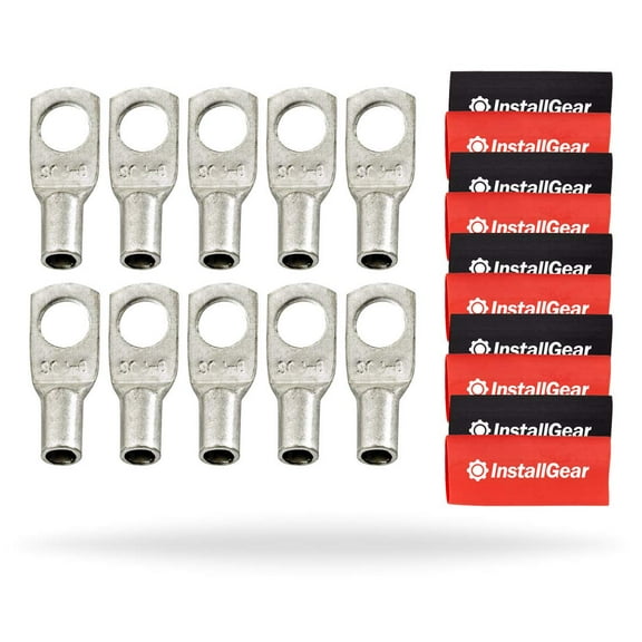 InstallGear 10 Gauge AWG Tinned Pure Copper Lugs Ring Terminals Connectors with Heat Shrink - 10-Pack