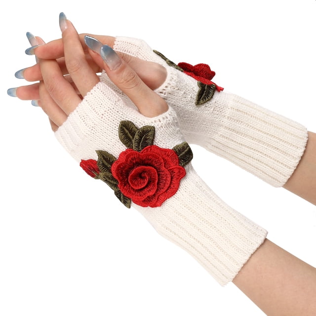 WEAIXIMIUNG Gants de Boxe pour Enfants Dames Chauds Gants Tricotés Sans Doigts Mitaines Convertibles Mode Fleurs