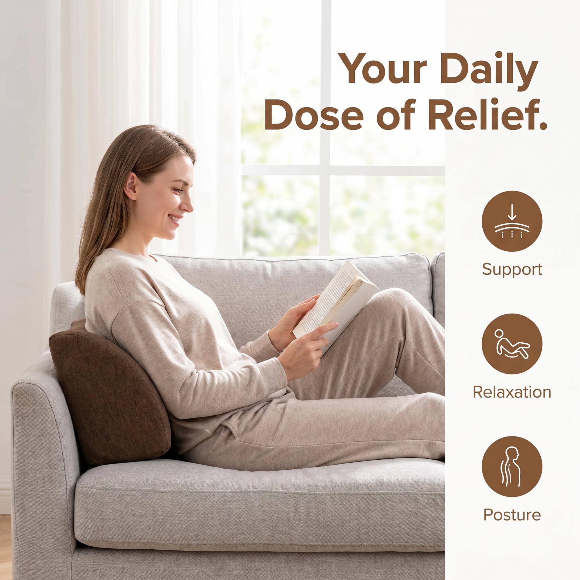 Unique Bargains Lumbar Support Pillow Cotton Back Support Coffee Brown 17.7" x 7.5" x 11"