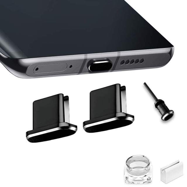 VIWIEU Tapones de cubierta de puerto USB tipo C Protectores de tapa antipolvo de metal 2 piezas compatibles con Samsung Galaxy S23/S22/S21 MacBook Pro Air (negro)