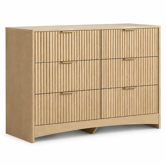 Fluted 6-Drawer Oak Wood Dresser, Contemporary Chest with Rounded Corners, Built-in Drawer Slides, TV Stand and Storage Organizer for Bedroom