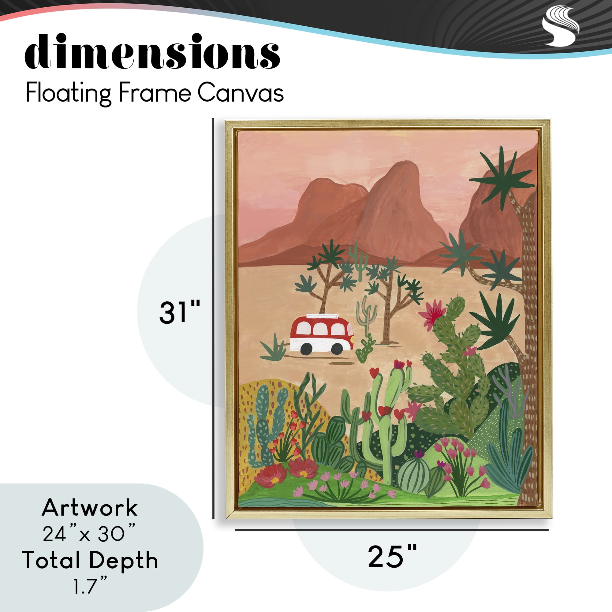 Desert Camper & Cacti Gold Framed Floater Canvas Wall Art, design by Nabeela Rumi