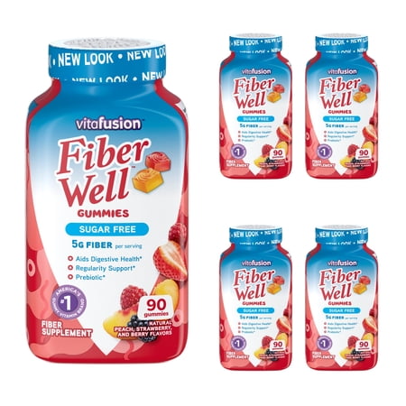 Vitafusion Fiber Well Sugar Free Fiber Supplement Gummies, Berry & Peach Flavors, 90 Count - 5 Pack