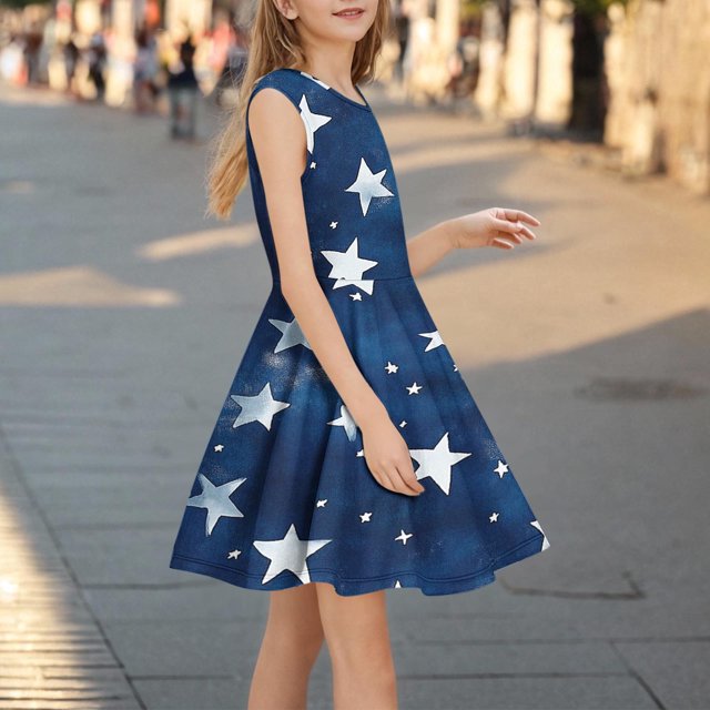 LOVZFMLL Kid's Denim Skirt Breathable And Cool In Summer Girls' Dress With Lace Round Neck