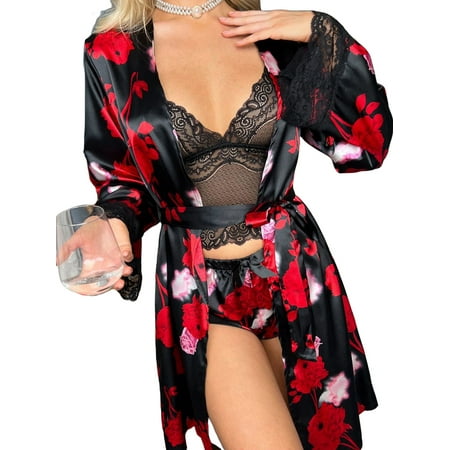 

Women s 3Piece Pajamas Set Lace Trim Long Sleeve Floral Short Satin Silky Bridesmaid Robe + Camisole + Shrots