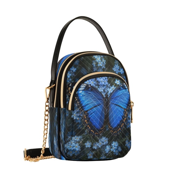 Women's Quilted Crossbody Bag Small Shoulder Tote Purse with 3 Zipper Pockets Blue Morpho Butterfly