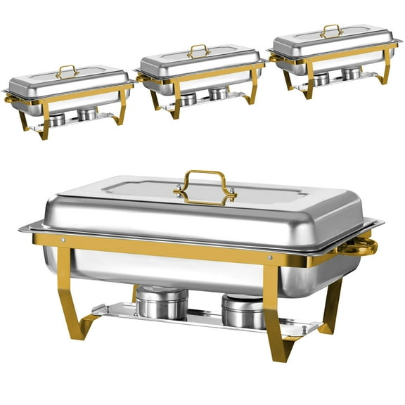 EVGTTI 4 Pack 8QT Chafing Dishes Buffet Set, Chafers for Catering Chafing Dish Buffet Set with Full Size Pan, Gold Chafers and Buffet Warmer Set for Buffet