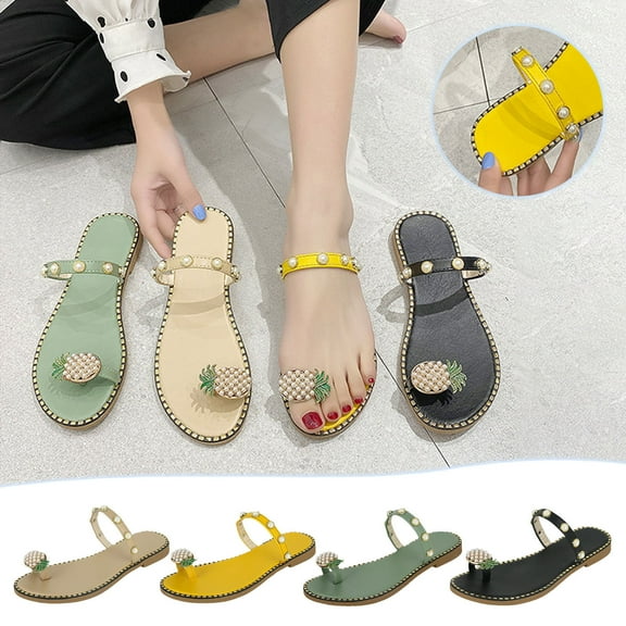 Sandals for Women Flat,Sweet Cute Pineapple Sandals Clip Toe Flip Flops Boho Casual Flat Slippers Beach Shoes