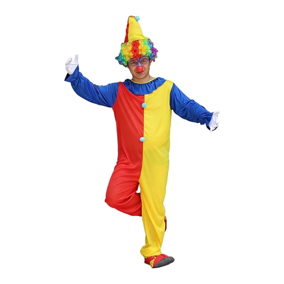 SJLDQY Carnival Mens Clown Dress Up Funny Patchwork Jumpsuit Wtih Hat Outfits Party Stage Performance Clothes Set