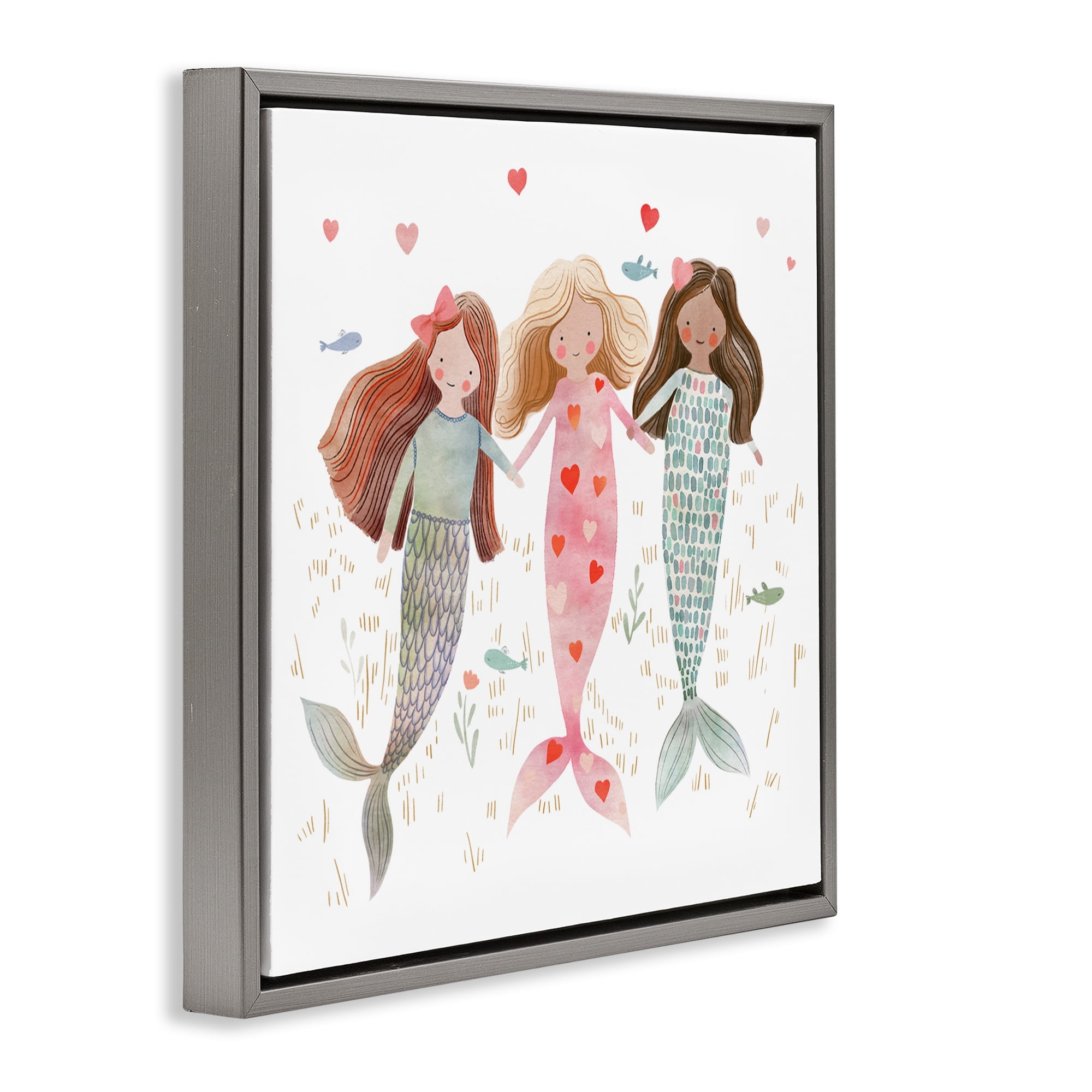 Trio of Mermaids Friendship Gray Framed Floater Canvas Wall Art, design by Leah Straatsma