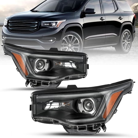 Headlights For 2017-2019 GMC Acadia w/LED DRL Black Halogen Headlamps Left Right