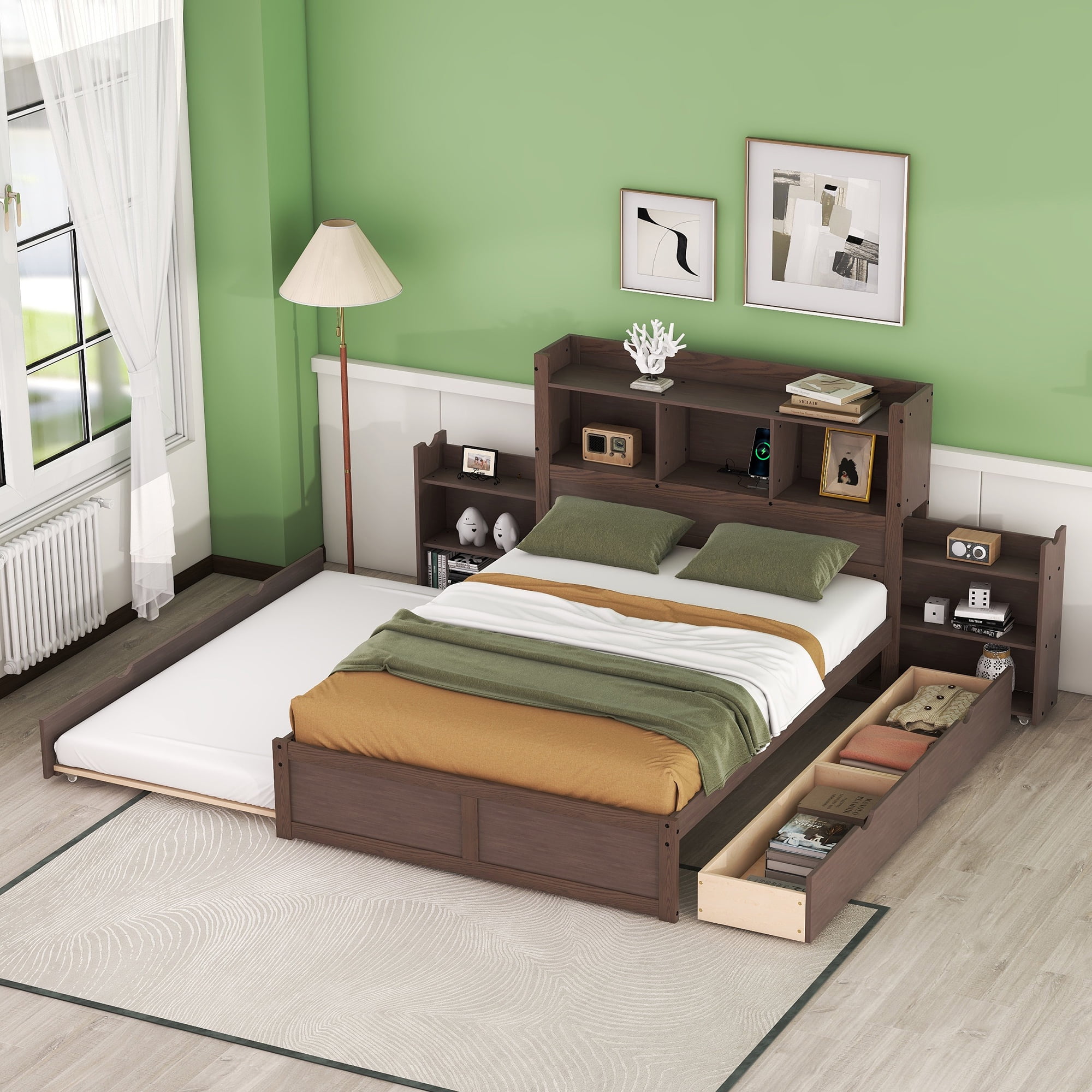 Euroco Wood Full Size Platform Bed with Movable Shelves, Trundle Bed with USB Charging Station for Kids Teens, Espresso