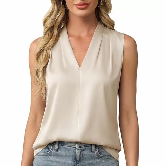 Gingprous V Neck Pleated Tank Tops for Women Sleeveless Casual Business Blouse Summer Spring Lightweight Comfy Vest Shirt