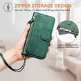 thumbnail image 6 of Multi-Functional Wallet Case for iPhone 14, Card Slots Retro PU Leather Shockproof Flip Cover with Card Slots Zipper Pocket Kickstand Magnetic Wrist Strap & Shoulder Strap - Darkgreen, 6 of 16