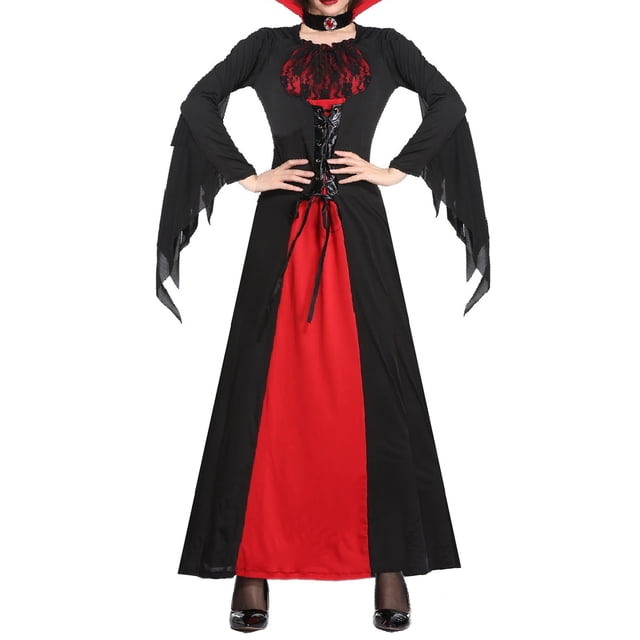Lucakuins Disfraz de Halloween para mujer, disfraz de vampiro, vestidos de manga larga con cuello en contraste, conjunto para trajes de fiesta de Cosplay Lucakuins moda