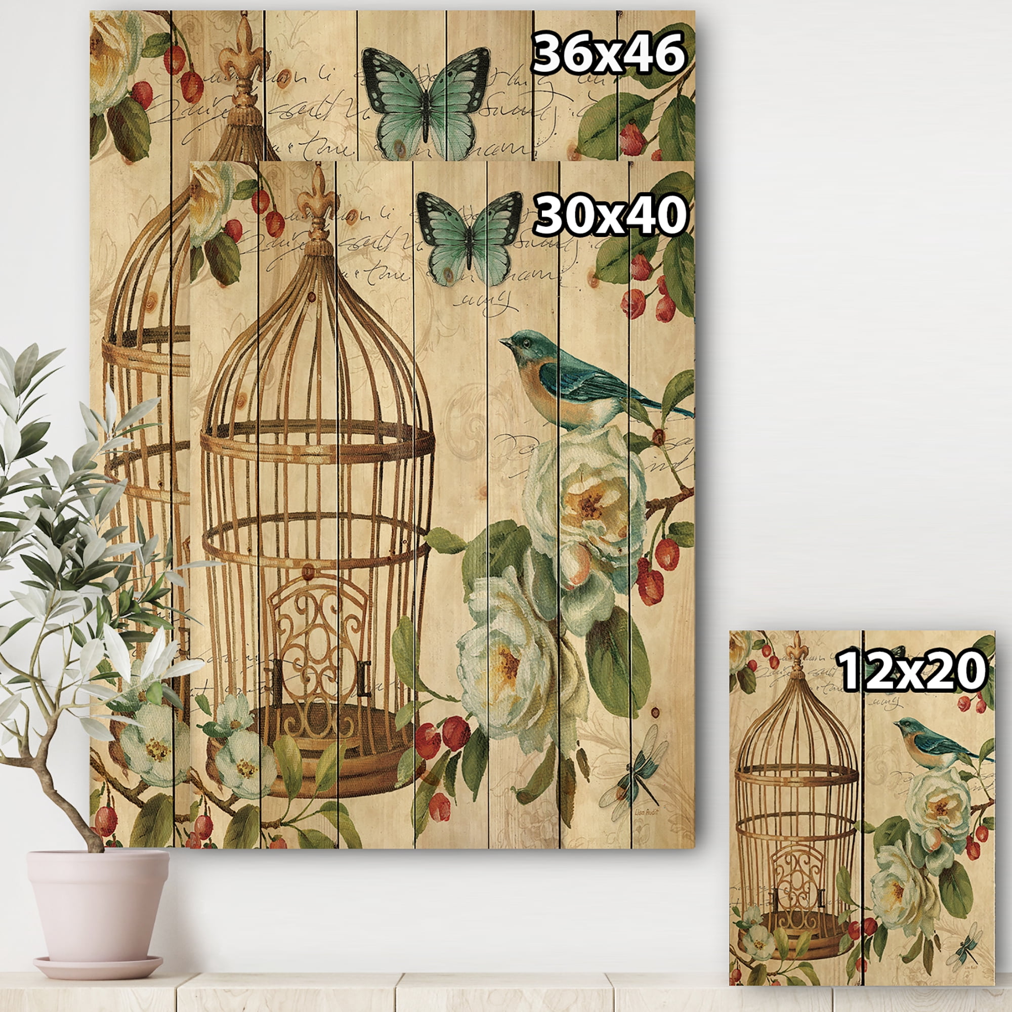 Designart 'Birdcage, Blue Cottage Bird and Apple Blossoms I' Floral and botanical Print on Natural Pine Wood