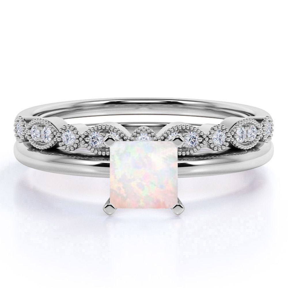 JeenMata 1.5 ct Real Princess Cut Opal and Moissanite Wedding Ring Set in 18K White Gold over Silver