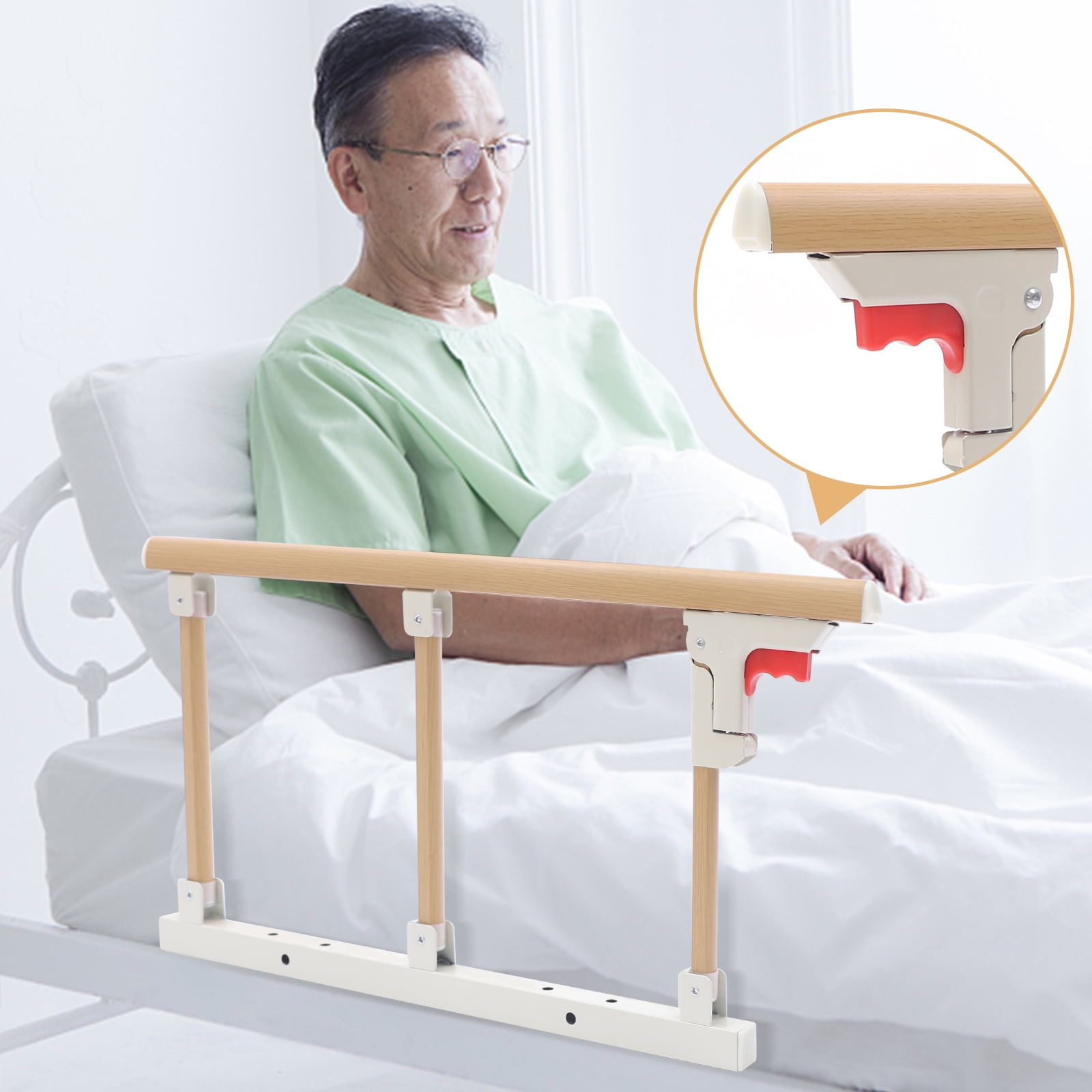 Aiqidi Foldable Bed Rail Medical Home Wooden Grain Frame Side Railings with Adjustable Safety Guard Bed Handles for Seniors Adults
