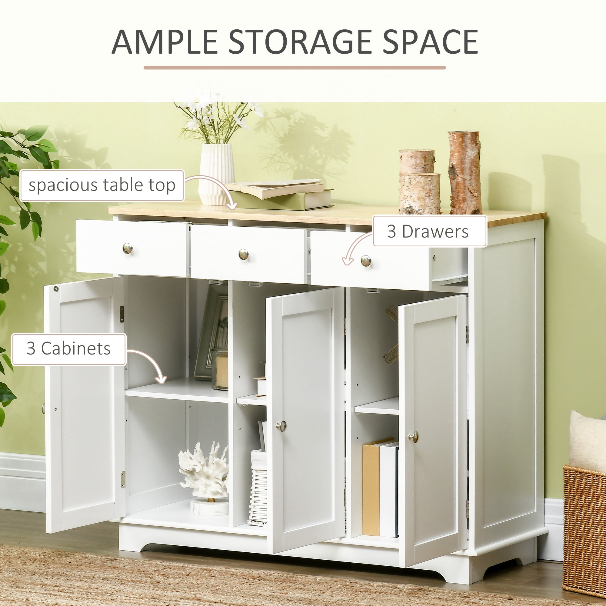 HOQBN Kitchen Storage Cabinet, White Sideboard Floor Cupboard with Solid Wood Top, Adjustable Shelf and 3 Drawers, Multipurpose Buffet Cabinet for Kitchen, Dining Room and Living Room