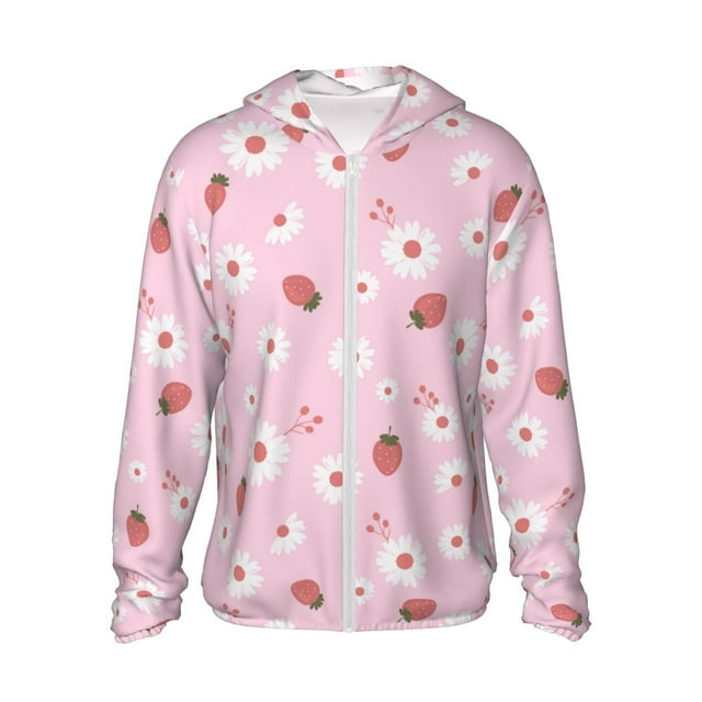 Daiia Veste à Capuche Motif Fraise Dessinée à la Main UPF 50+ Protection Solaire Légère à Manches Longues pour Femmes Hommes avec Poche Randonnée Extérieure-3TG