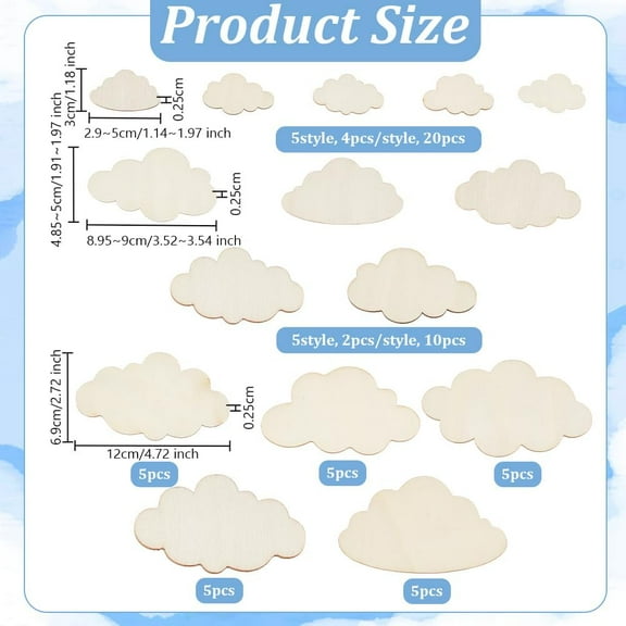 1set 35pcs Mixed Sizes Cloud Shape Wooden Pieces Unfinished Wood Slices Unfinished Cloud Wood Cut Out Unfinished Blank Slice Unfinished Wood Ornaments for Painting Drawing Project Crafts