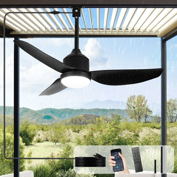 Waterproof Outdoor Ceiling Fan with Light:42" Black Hanging Fan for Patios, Gazebo - Plug-in Fan with Remote and APP, 3 CCT, 6-Speed