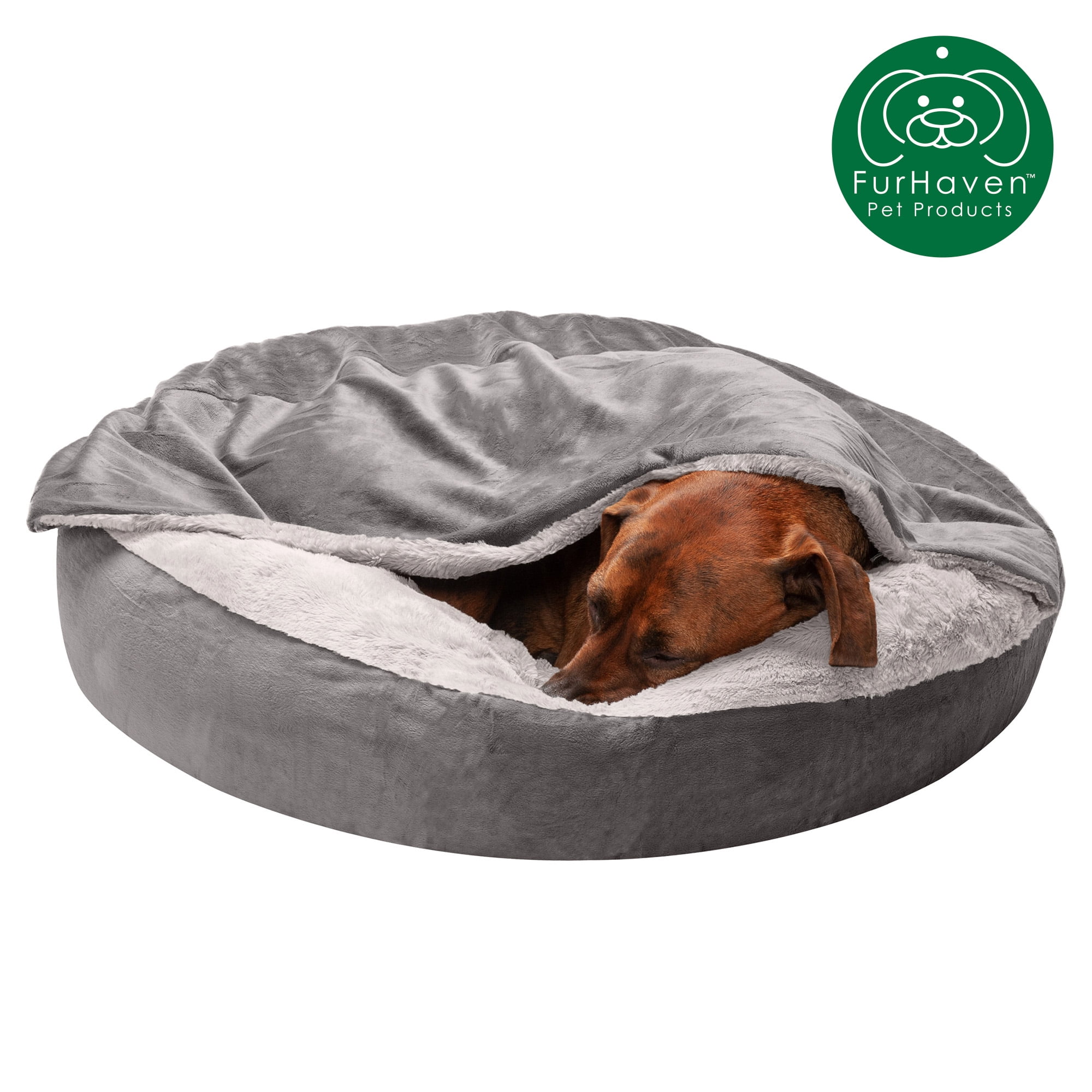 FurHaven Pet Dog Bed Wave Faux Fur & Velvet Hooded Donut Pet Bed for