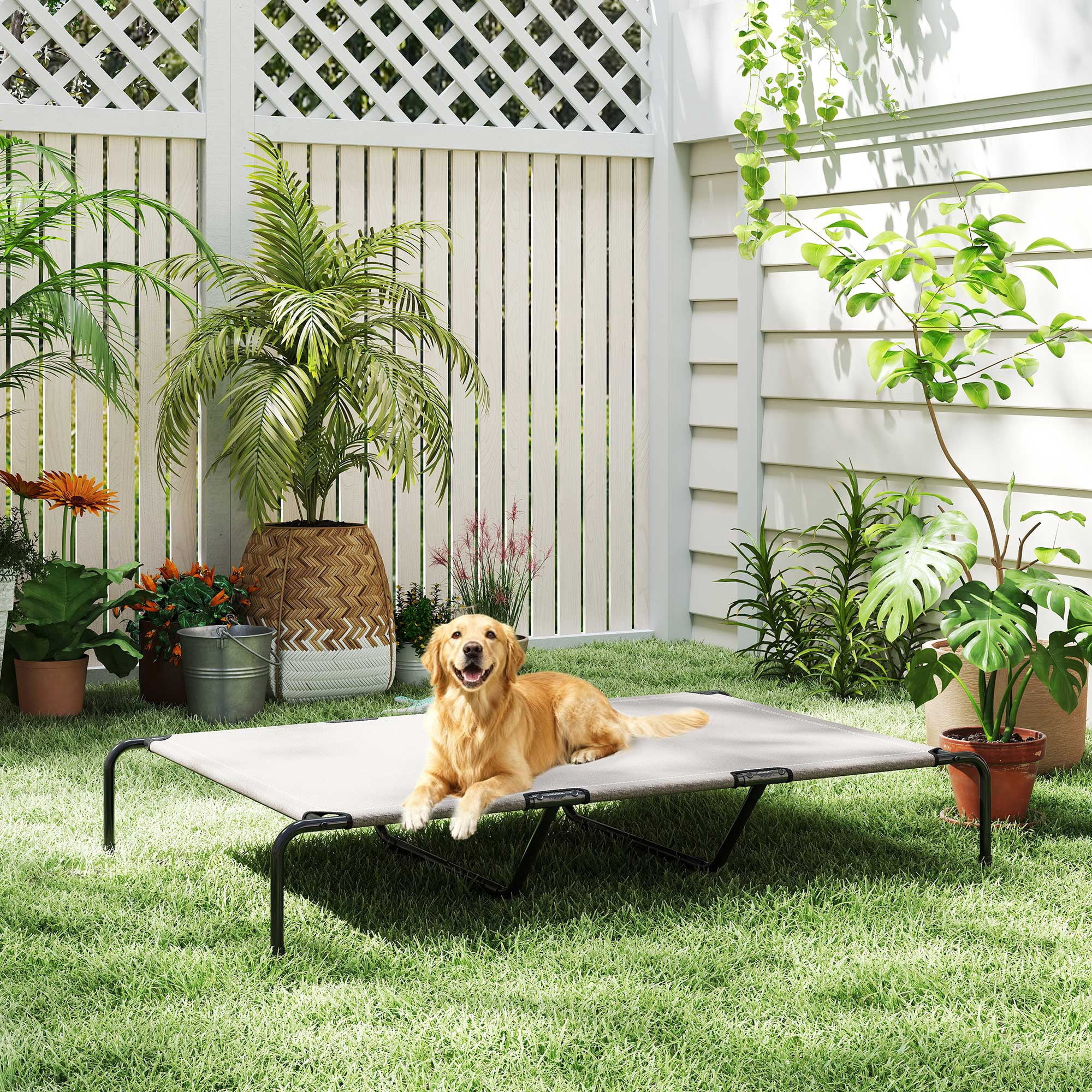 PawHut Elevated Dog Bed Large Breeds Outdoor Dog Bed Breathable Mesh Steel Frame Beige 60"L
