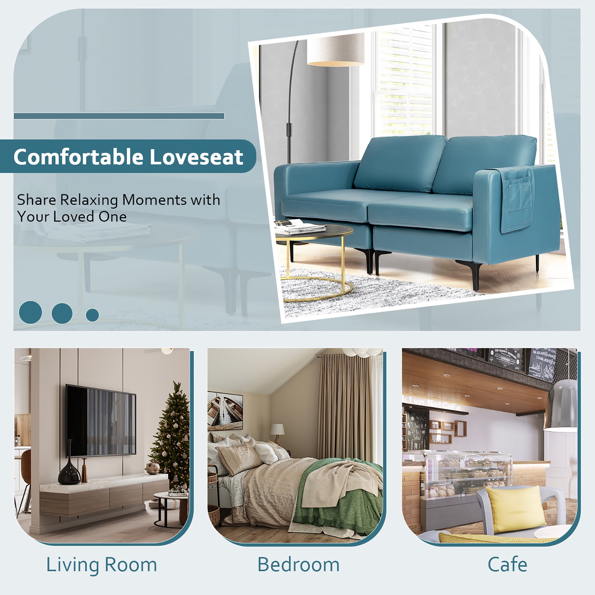 Costway Modern Loveseat Leathaire Fabric 2-Seat Sofa Couch w/ Side Storage Pocket Blue