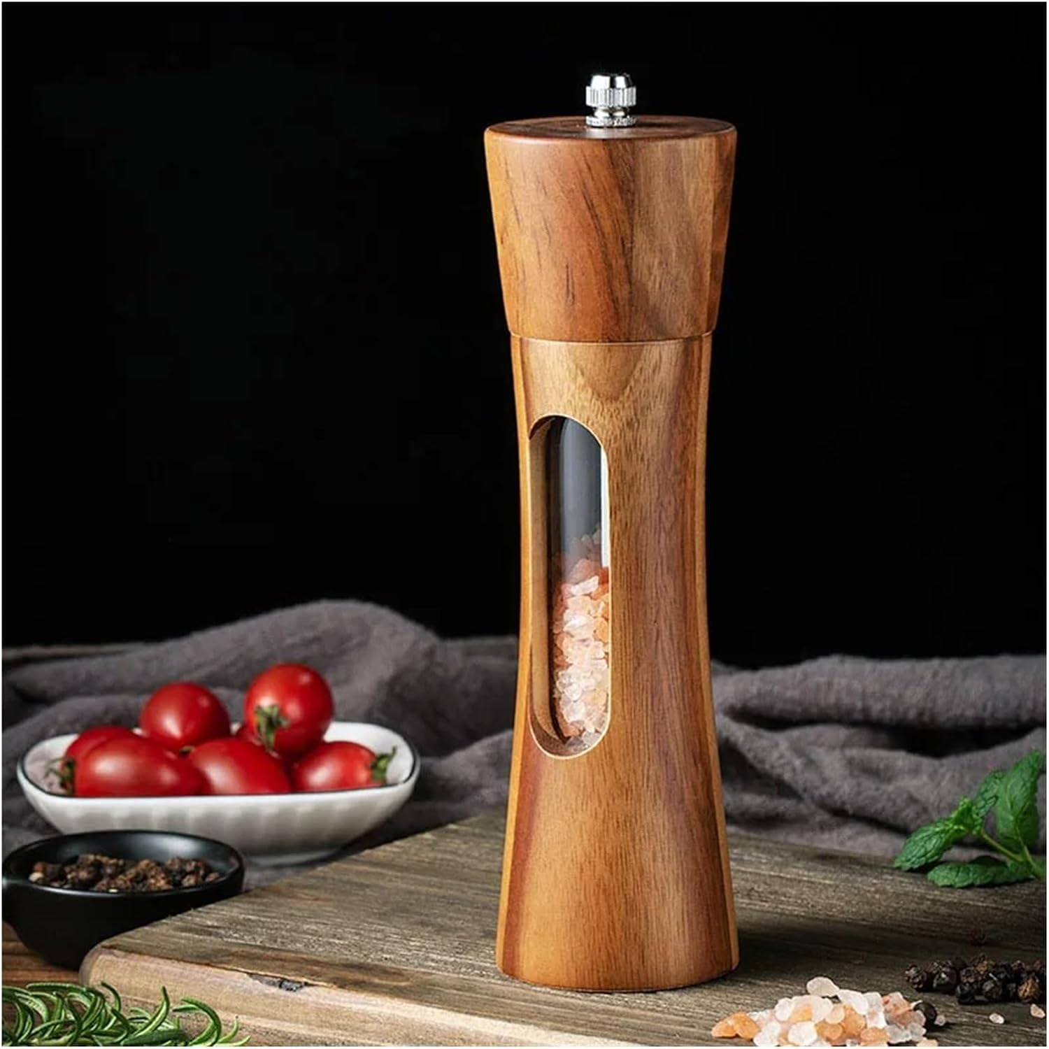 Wooden Salt and Pepper Grinder Set,Manual Pepper Mill Grinder,Salt and Pepper Grinder Set with Ceramic Core,Refillable Pepper Grinder with Acrylic Visible Window,Pepper Grinder For Seasoning,2 Pack