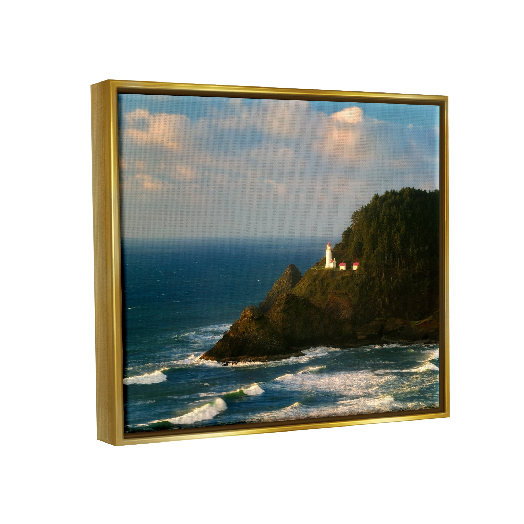 Stupell Industries Lighthouse Ocean Cliffs Nature Photography Gold Floater Framed Art Print Wall Art, 31 x 25