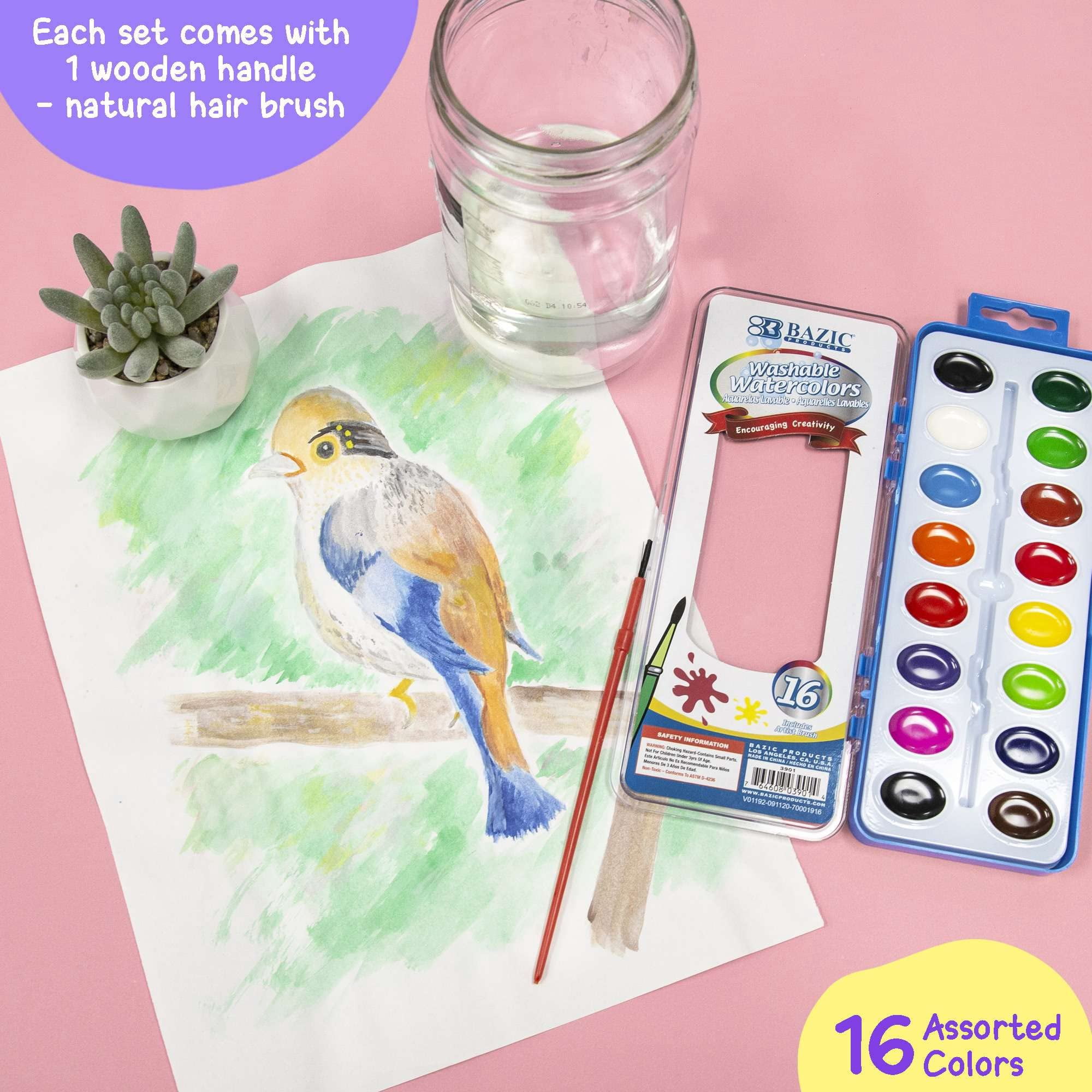 BAZIC Watercolor w/ Brush Semi Moist 16 Color, Non-Toxic Paint Set, 24-Pack