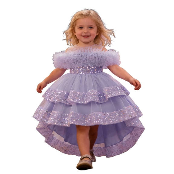 Rggeeun Toddler Dress With Layered Ruffles And Detachable Train For Girls Soft Casual O-Neck Sundress