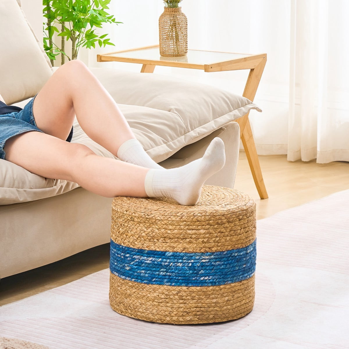 IVV Handmade Woven Water Hyacinth Foot Stool | 15.7" Round Ottoman Home Decorative End/Side Table for Small Space (Natural & Blue)