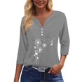thumbnail image 4 of WTOBBY Women's Fashion Basic V-Neck T-Shirt with Printed Pattern, 3/4 Sleeve, and Button Detail, Ideal for Weekend Wear, Spring Fall Season, Casual Occasions, and Everyday Comfort,Gray M, 4 of 6