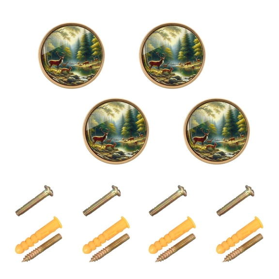 Kitchen Cabinet Knobs Cabinet Handles 1.25 inch Diameter Zinc Alloy Deer in Forest by Water 4 Pack