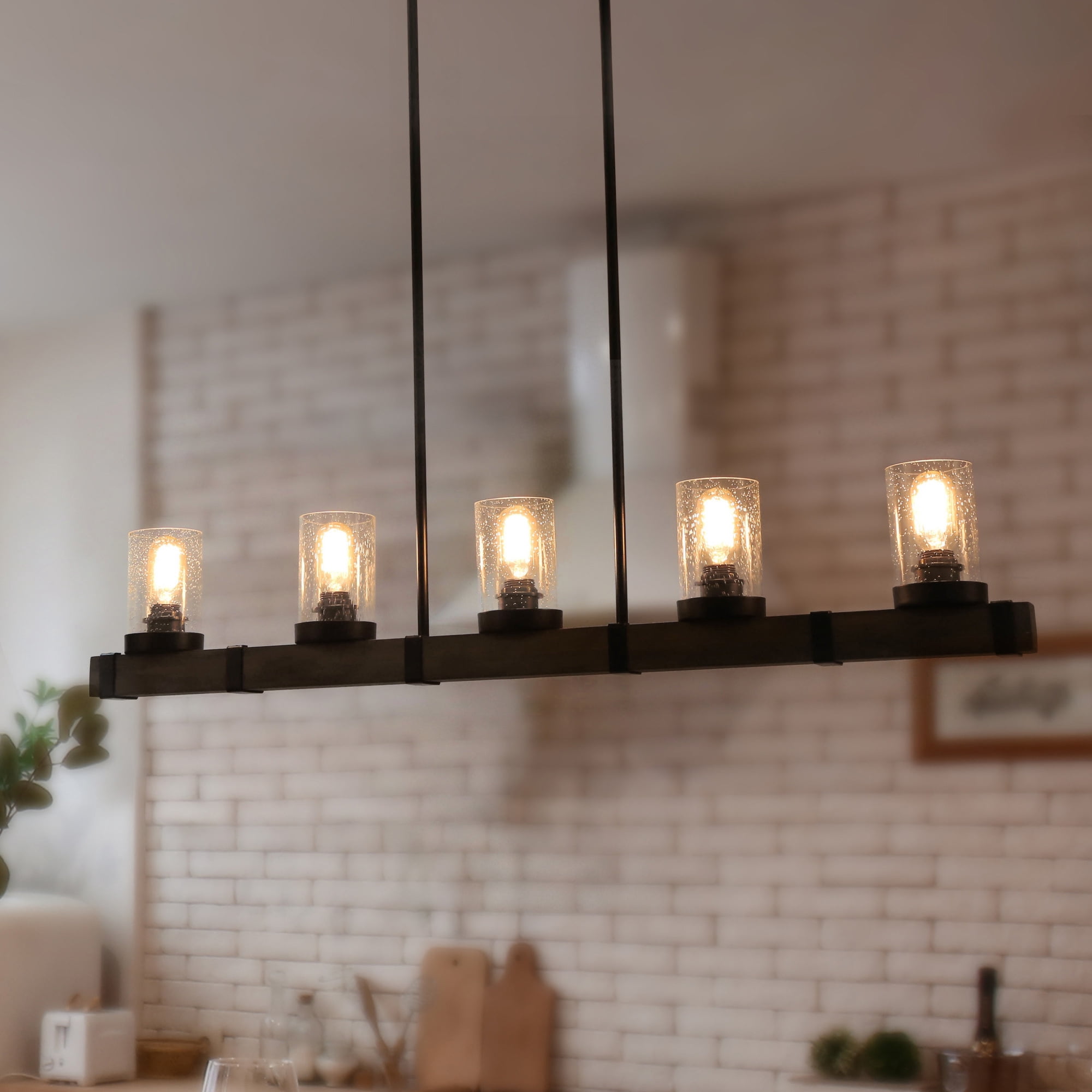 LNC 5-Light Farmhouse Chandelier with Seeded Glass,Matte Black and Brown Wood Tone