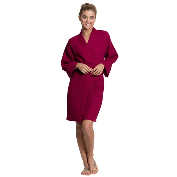 Turkuoise Linen Lightweight Knee Length Waffle Kimono Bath and Spa Robe Wine Red X-Large