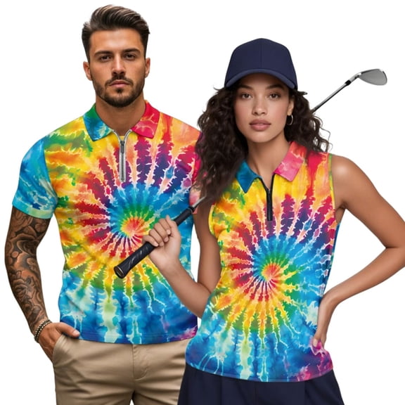 KUIFORTI Funny Couple Golf Shirts Rainbow Tie Dye Women Sport Cloth Moisture Wicking Suitable for Tennis Enthusiasts Machine Washable Soft and Comfortable