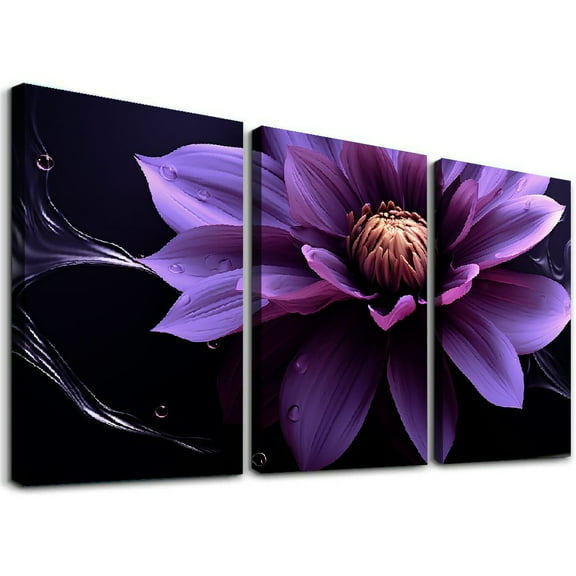 Ullo0ord 3 Panel Purple Wall Canvas Purple Canvas Pictures Abstract Purple Flower Print on Canvas Purple Abstract Canvas Wall Art for Bedroom Home Decor Living Room Stretched 12x16x3pcs