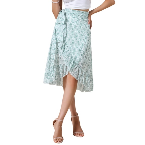 REFINED ATTIRE Floral Midi Skirt for Women's Summer Casual Ruffle Hem Tie Knot A-Line Flowy Skirts XS Green