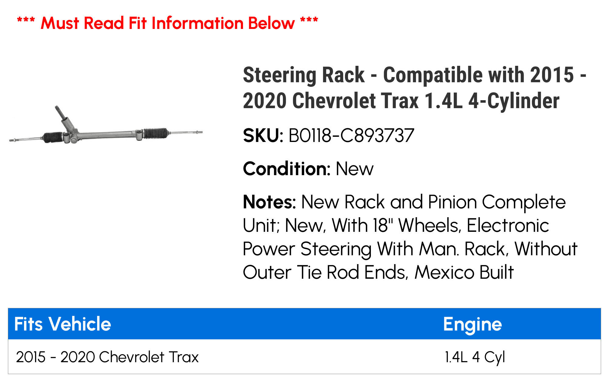 Steering Rack - Compatible with 2015 - 2020 Chevy Trax 1.4L