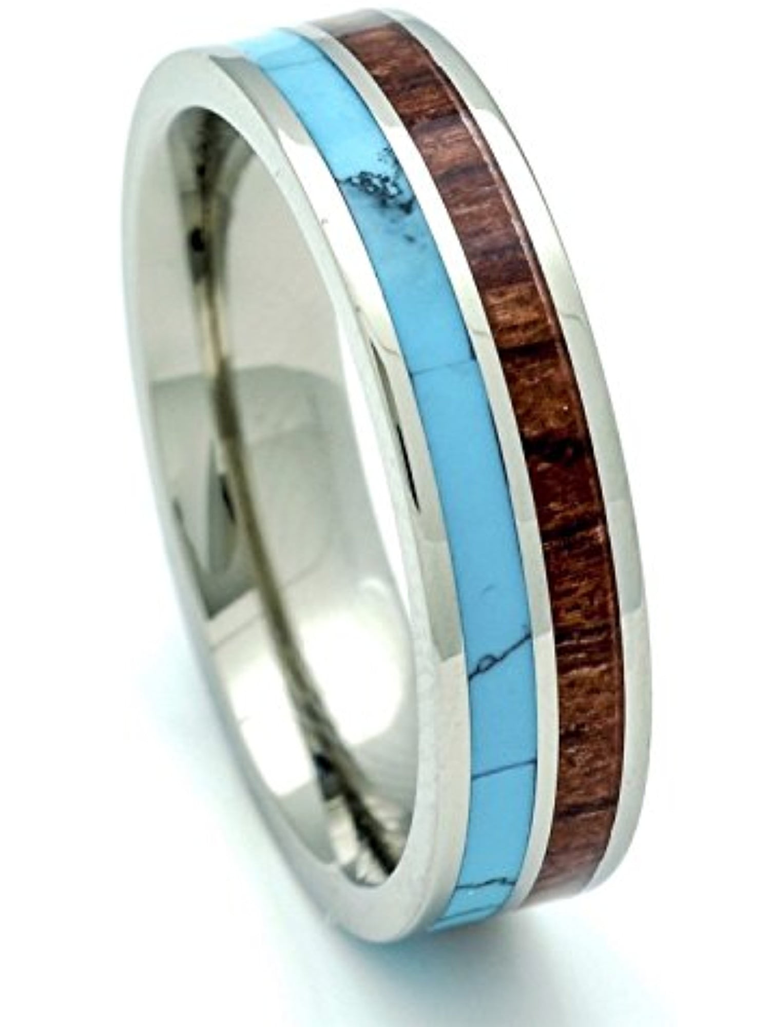 PCH Rings Titanium Hawaiian Koa Wood and Turquoise Inlay