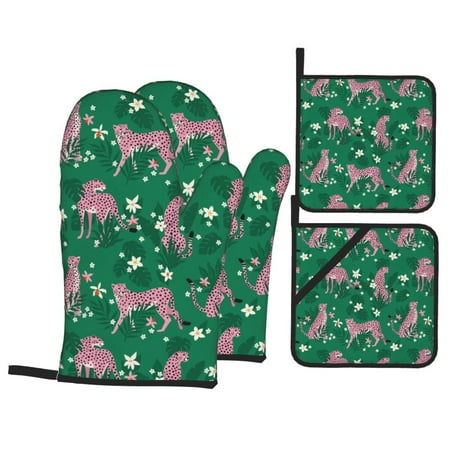 

Oven Mitts and Pot Holders 4 pcs Set Tropical pink leopard Heat Resistant Silicone Oven Mitts Pot Holders for Kitchen Baking Cooking Non-Slip Oven Gloves Hot Pads Potholders