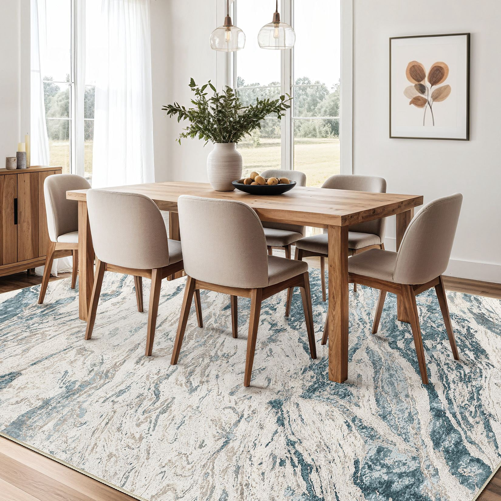 MICGEEK 6x9 Washable Area Rugs for Living Room, Modern Abstract Printed Rug, Vacuum-Friendly, Non Slip Indoor Rug for Bedroom Dining Room Home Decor Carpet, Blue/Brown