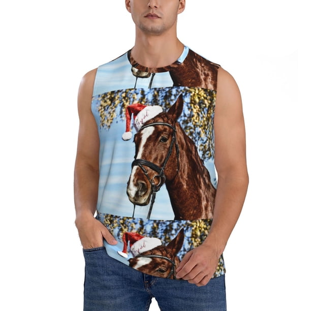 Fotbe Christmas Horse Men's Camiseta sin Mangas Estampada para Hombres, Playera Casual para Gimnasio, Entrenamiento, Playa-3X-Large